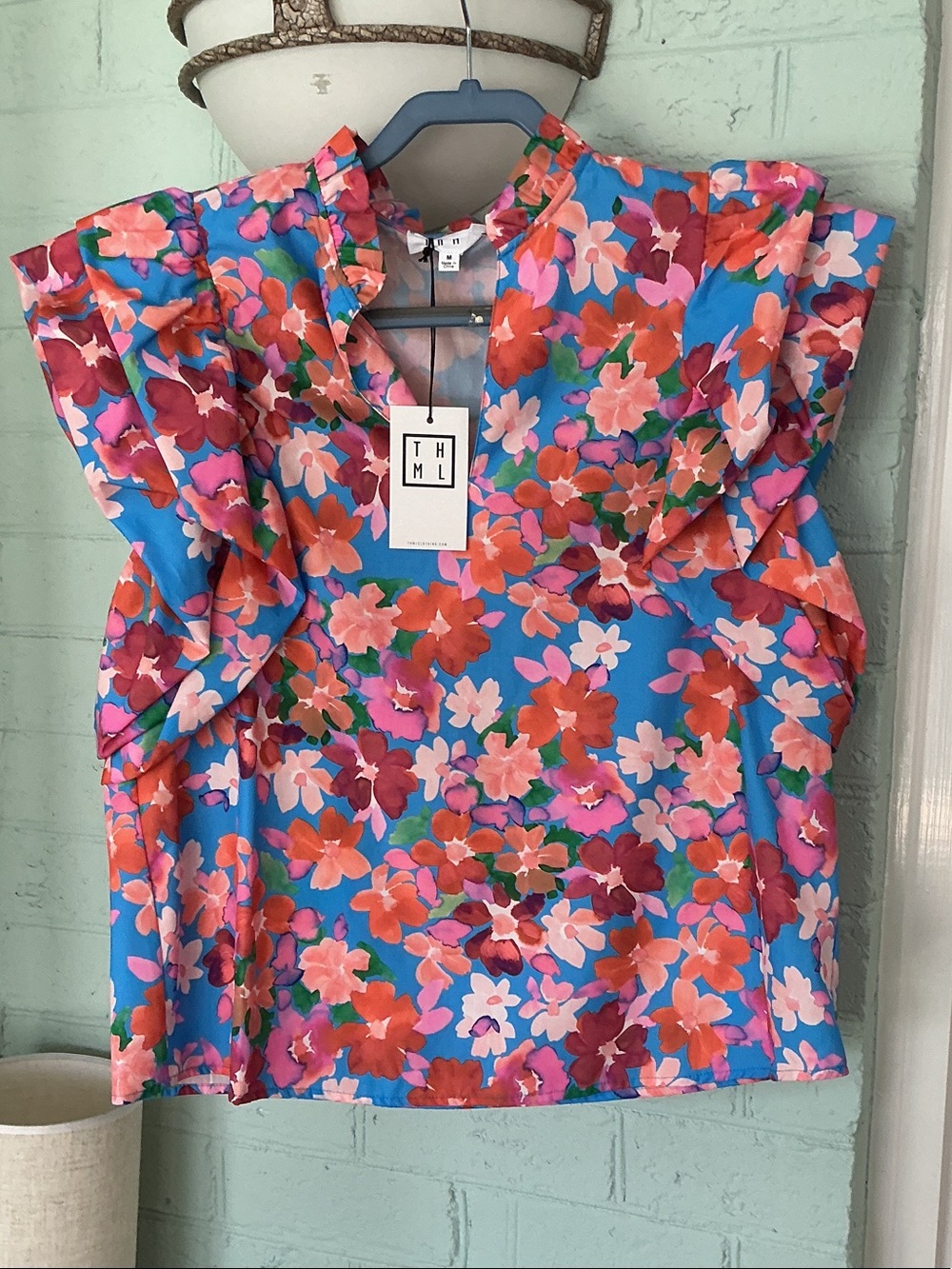 THML Bright Blue Floral Ruffle Sleeve Top